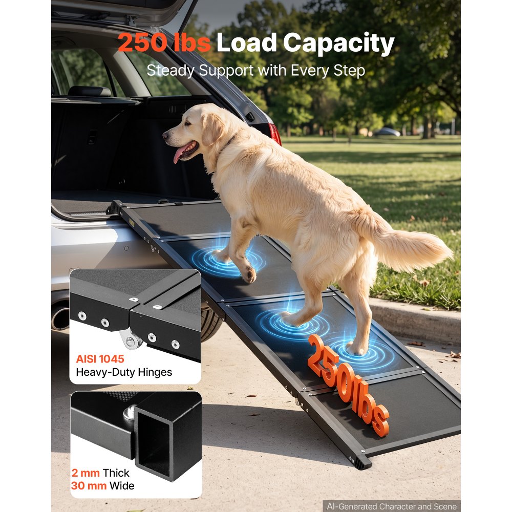 VEVOR Dog Ramp for Car 63" L x 17" W Foldable Pet Ramp Sandpaper Surface, for SUV Car Truck Outdoor, 250 lbs Capacity, Extra Long and Wide Gentler Climb, Non-Slip Portable for Medium & Large Dogs