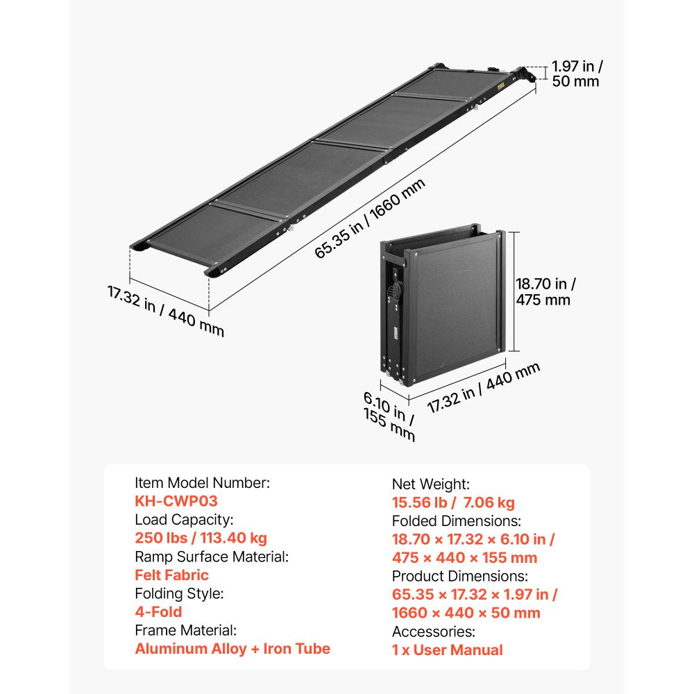 VEVOR Dog Ramp for Car 63" L x 17" W Foldable Pet Ramp Sandpaper Surface, for SUV Car Truck Outdoor, 250 lbs Capacity, Extra Long and Wide Gentler Climb, Non-Slip Portable for Medium & Large Dogs