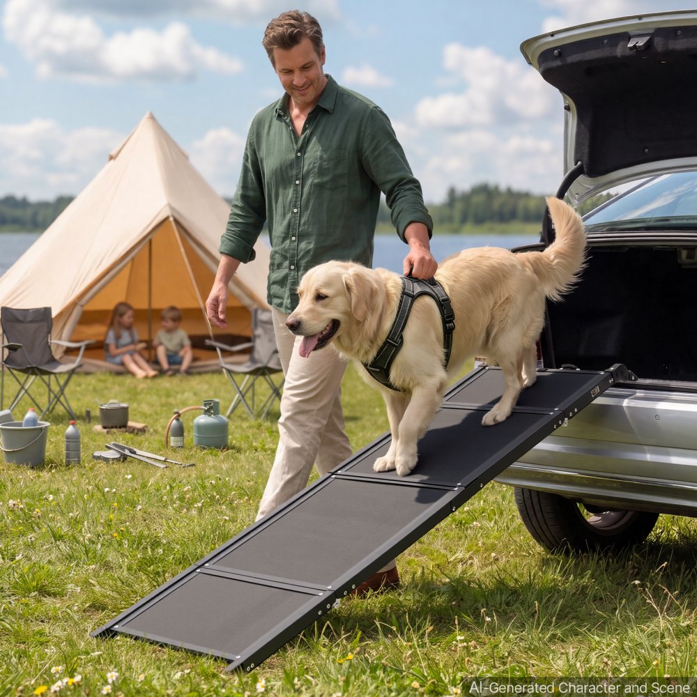 VEVOR Dog Ramp for Car 63" L x 17" W Foldable Pet Ramp Sandpaper Surface, for SUV Car Truck Outdoor, 250 lbs Capacity, Extra Long and Wide Gentler Climb, Non-Slip Portable for Medium & Large Dogs