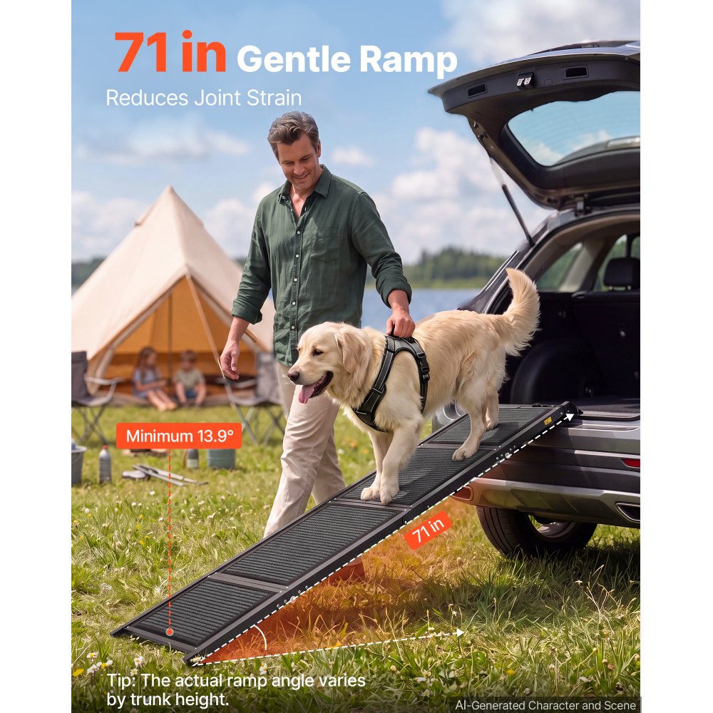 VEVOR Dog Ramp for Car 71" L x 17" W Foldable Pet Ramp with Felt Surface, for SUV Car Truck Outdoor, 250 lbs Capacity, Extra Long and Wide Gentler Climb, Non-Slip Portable for Medium & Large Dogs