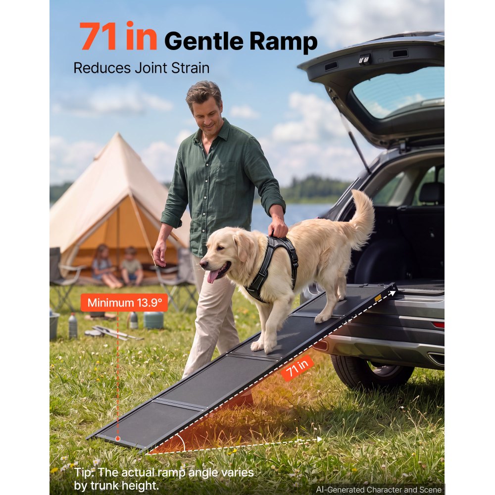 VEVOR Dog Ramp for Car 71" L x 17" W Foldable Pet Ramp Sandpaper Surface, for SUV Car Truck Outdoor, 250 lbs Capacity, Extra Long and Wide Gentler Climb, Non-Slip Portable for Medium & Large Dogs