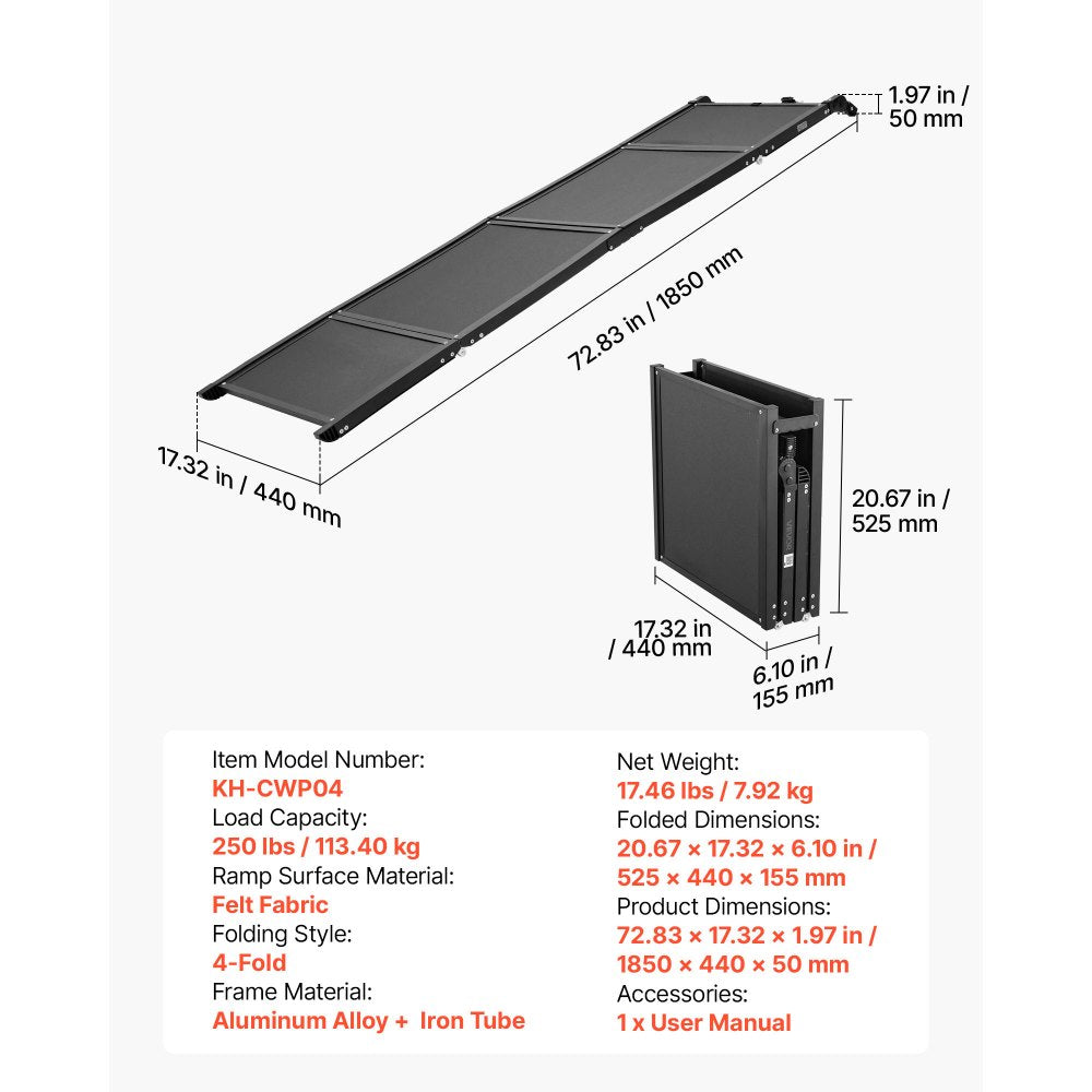 VEVOR Dog Ramp for Car 71" L x 17" W Foldable Pet Ramp Sandpaper Surface, for SUV Car Truck Outdoor, 250 lbs Capacity, Extra Long and Wide Gentler Climb, Non-Slip Portable for Medium & Large Dogs