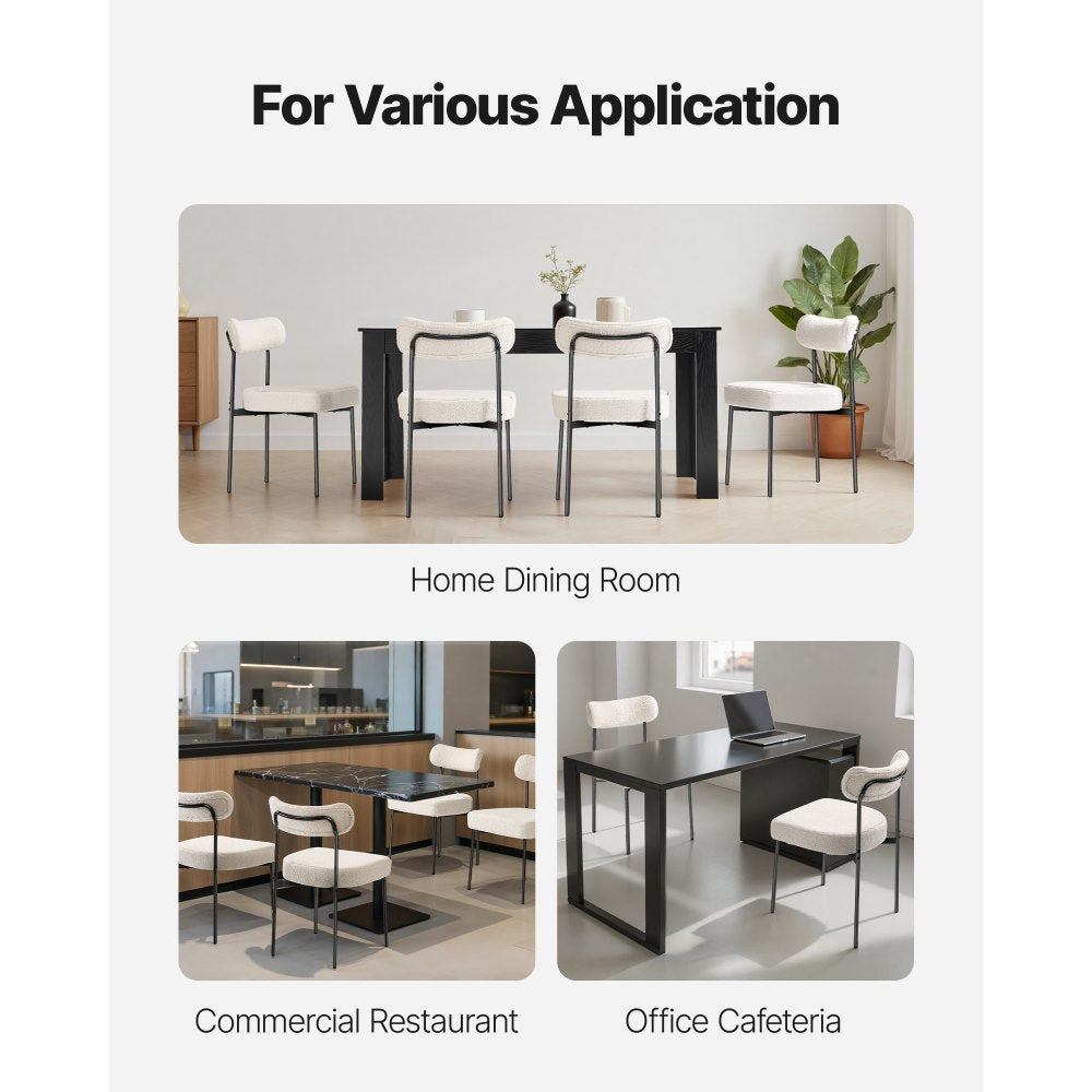 VEVOR Boucle Dining Chairs Set of 4, Mid Century Modern Sherpa Accent Chairs, Upholstered Side Chair for Dining Table, Space-Saving White Kitchen Table Chair with Curved Backrest and Black Metal Legs