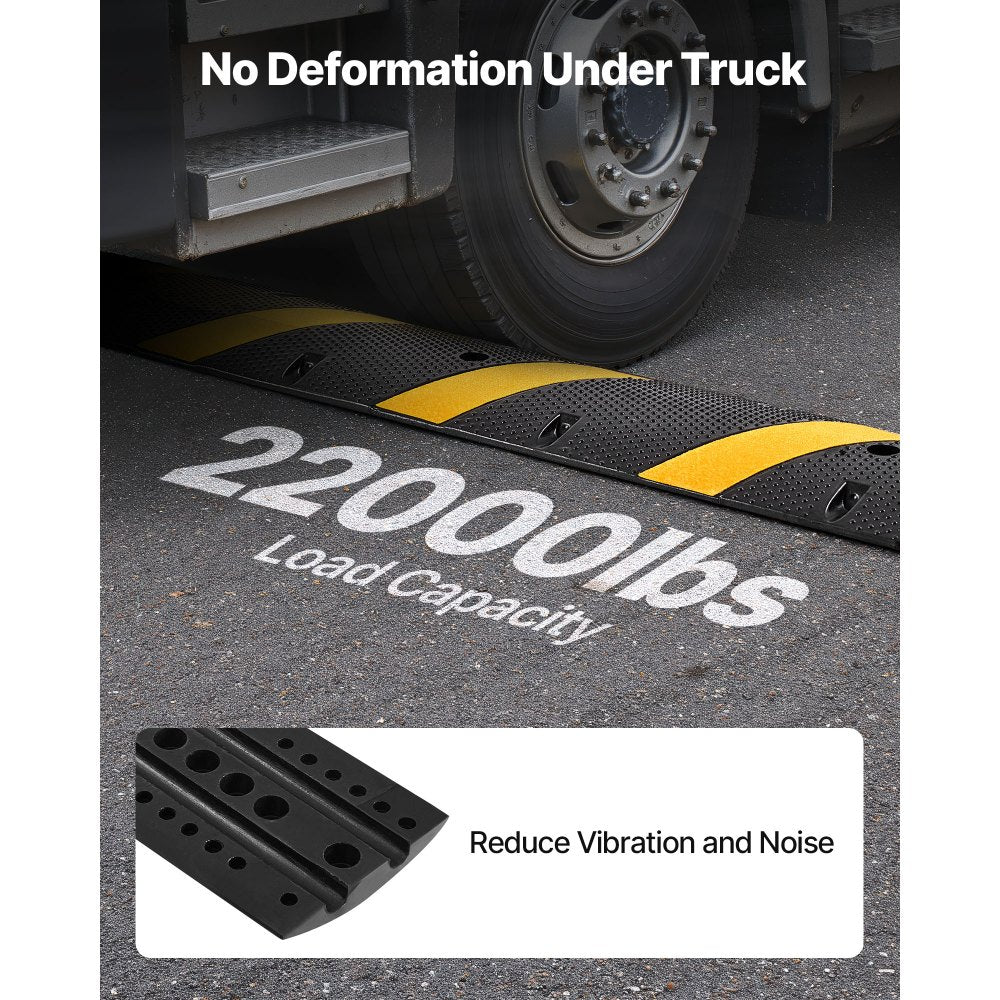 VEVOR 6FT Rubber Speed Bump, 2 Pack, 2 Channel Heavy Duty Traffic Speed Hump, 22000 lbs/Axle Load Capacity, 72 in Cable Protector Ramp with Expansion Screws, for Asphalt Concrete Gravel Driveway Road