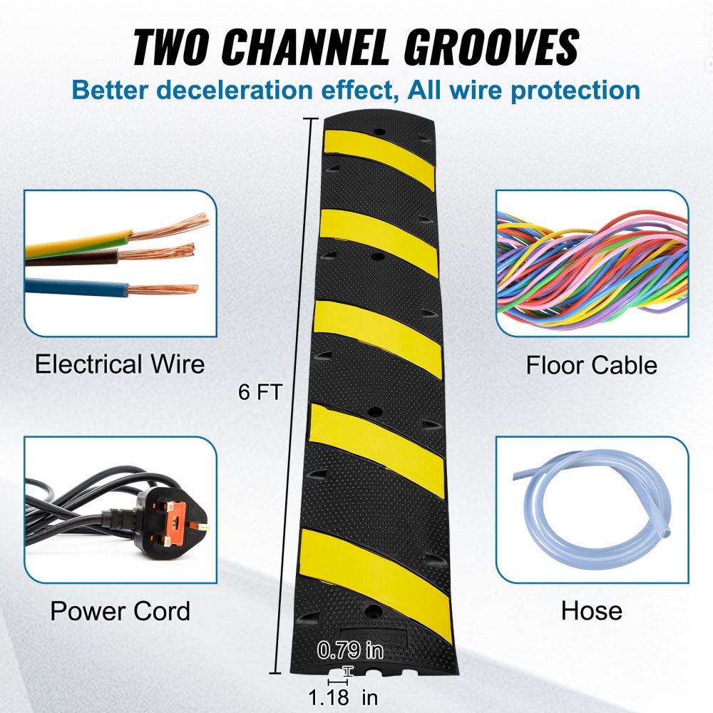 VEVOR 72'' Rubber Speed Bump, Dual Channel, Supports up to 22000 lbs, Durable Traffic Speed Hump with Bright Yellow Reflective Strip, Includes 4 Expansion Screws & Drill for Asphalt, Concrete, Grav