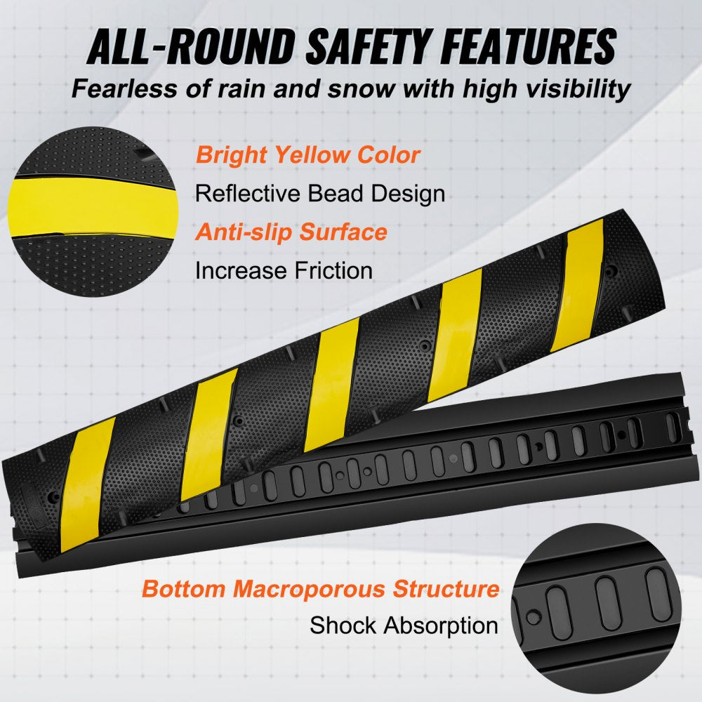 VEVOR 72'' Rubber Speed Bump, Dual Channel, Supports up to 22000 lbs, Durable Traffic Speed Hump with Bright Yellow Reflective Strip, Includes 4 Expansion Screws & Drill for Asphalt, Concrete, Grav