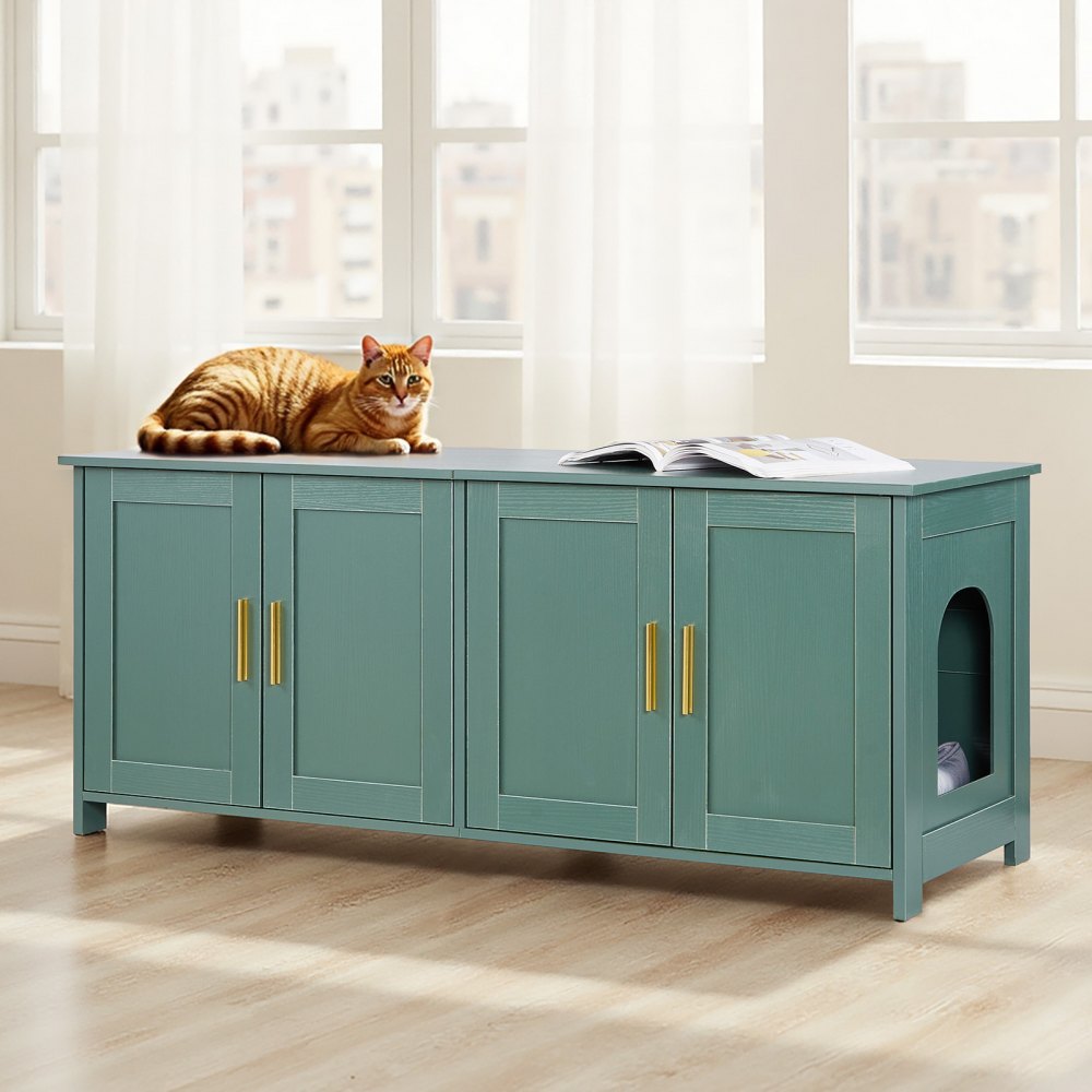 VEVOR Cat Litter Box Enclosure for Multi Cats, 47.2 in Hidden Litter Box Cabinet with 4 Doors & 2 Entries, Indoor Cat Washroom, Wooden Kitty House Furniture Side Table, Fit Most Litterboxes, Green