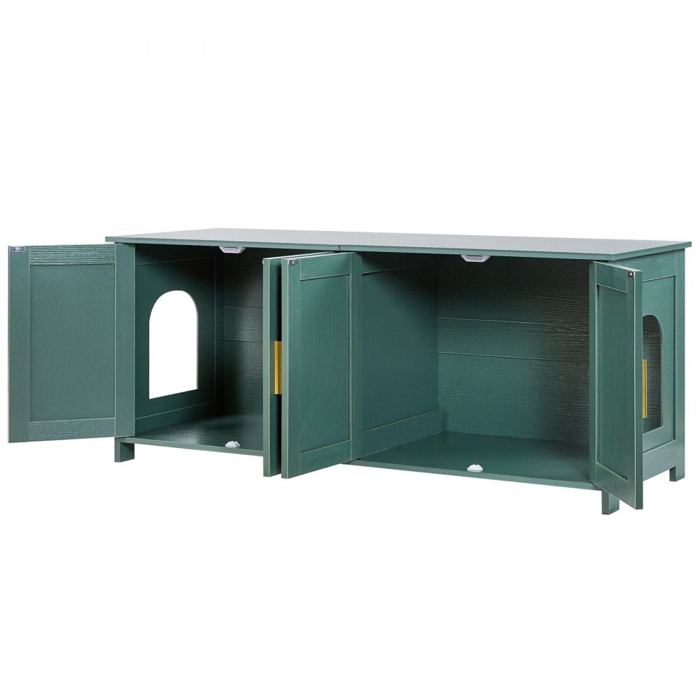 VEVOR Cat Litter Box Enclosure for Multi Cats, 47.2 in Hidden Litter Box Cabinet with 4 Doors & 2 Entries, Indoor Cat Washroom, Wooden Kitty House Furniture Side Table, Fit Most Litterboxes, Green