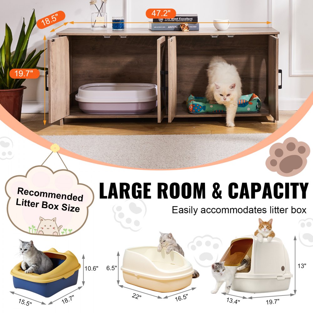 VEVOR Cat Litter Box Enclosure for 2 Cats, Litter Box Furniture Hidden with Double Rooms, Wooden Cat Box Cabinet Fit Most of Litter Box, 47.2"L x 18.5"W x 19.7"H, Greige