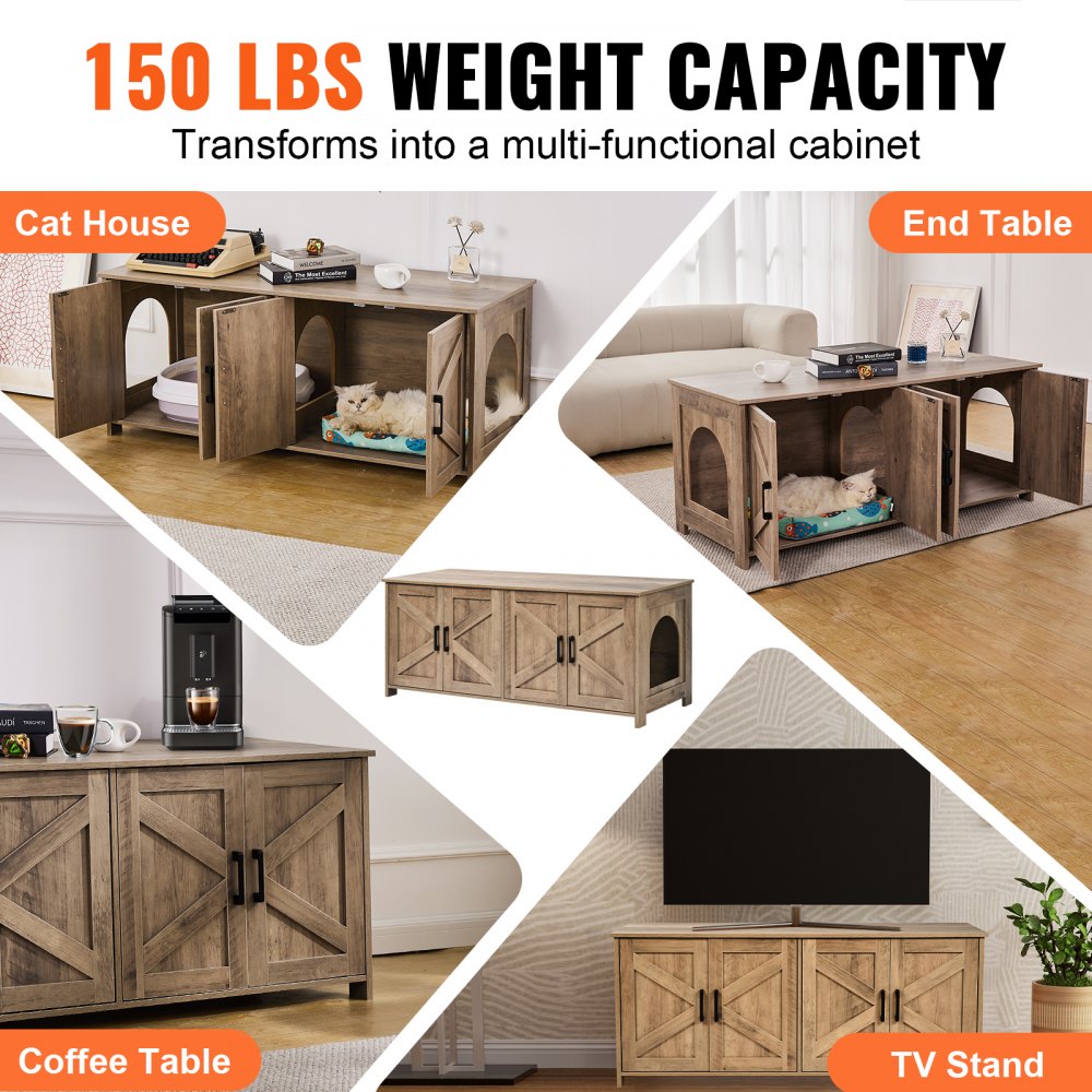 VEVOR Cat Litter Box Enclosure for 2 Cats, Litter Box Furniture Hidden with Double Rooms, Wooden Cat Box Cabinet Fit Most of Litter Box, 47.2"L x 18.5"W x 19.7"H, Greige
