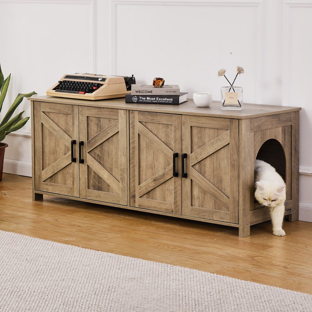 VEVOR Cat Litter Box Enclosure for 2 Cats, Litter Box Furniture Hidden with Double Rooms, Wooden Cat Box Cabinet Fit Most of Litter Box, 47.2"L x 18.5"W x 19.7"H, Greige