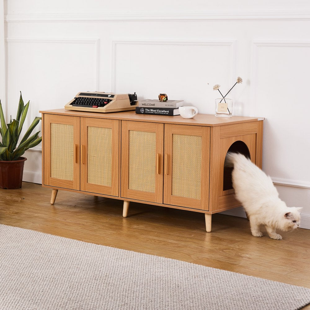 VEVOR Cat Litter Box Enclosure for 2 Cats, Litter Box Furniture Hidden with Rattan Decorated Doors, Wooden Cat Box Cabinet Fit Most of Litter Box, 47.2"L x 19.7"W x 21.7"H, Natural