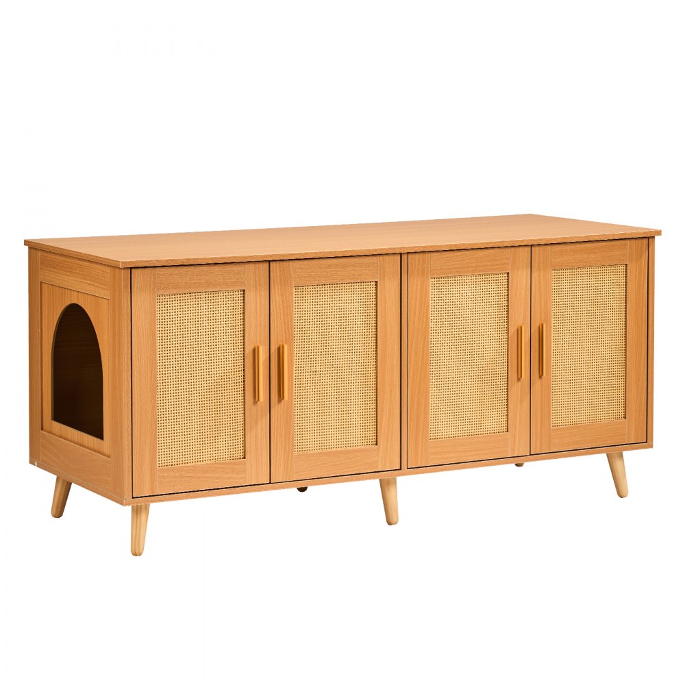 VEVOR Cat Litter Box Enclosure for 2 Cats, Litter Box Furniture Hidden with Rattan Decorated Doors, Wooden Cat Box Cabinet Fit Most of Litter Box, 47.2"L x 19.7"W x 21.7"H, Natural