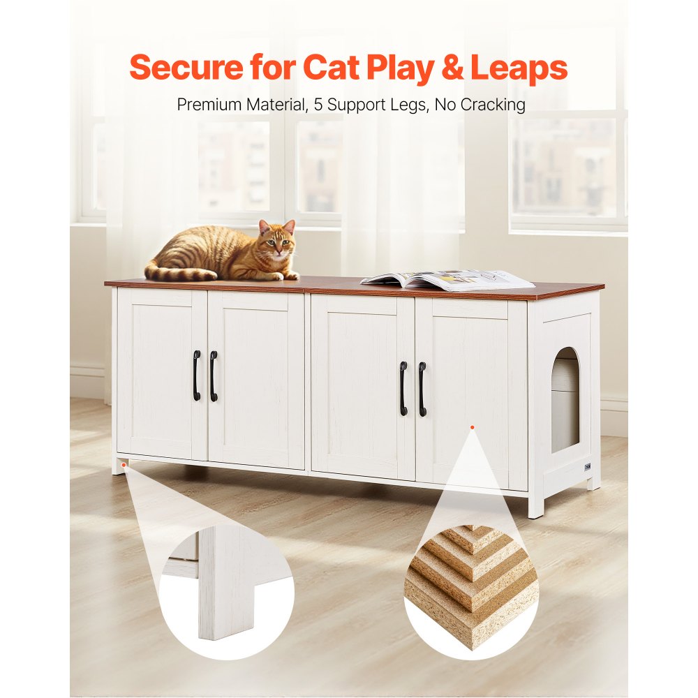 VEVOR Cat Litter Box Enclosure for Multi Cats, 47.2 in Hidden Litter Box Cabinet with 4 Doors & 2 Entries, Indoor Cat Washroom, Wooden Kitty House Furniture, Fit Most Litterboxes, Brown & White