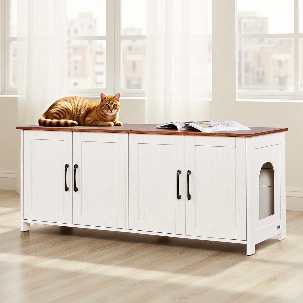 VEVOR Cat Litter Box Enclosure for Multi Cats, 47.2 in Hidden Litter Box Cabinet with 4 Doors & 2 Entries, Indoor Cat Washroom, Wooden Kitty House Furniture, Fit Most Litterboxes, Brown & White