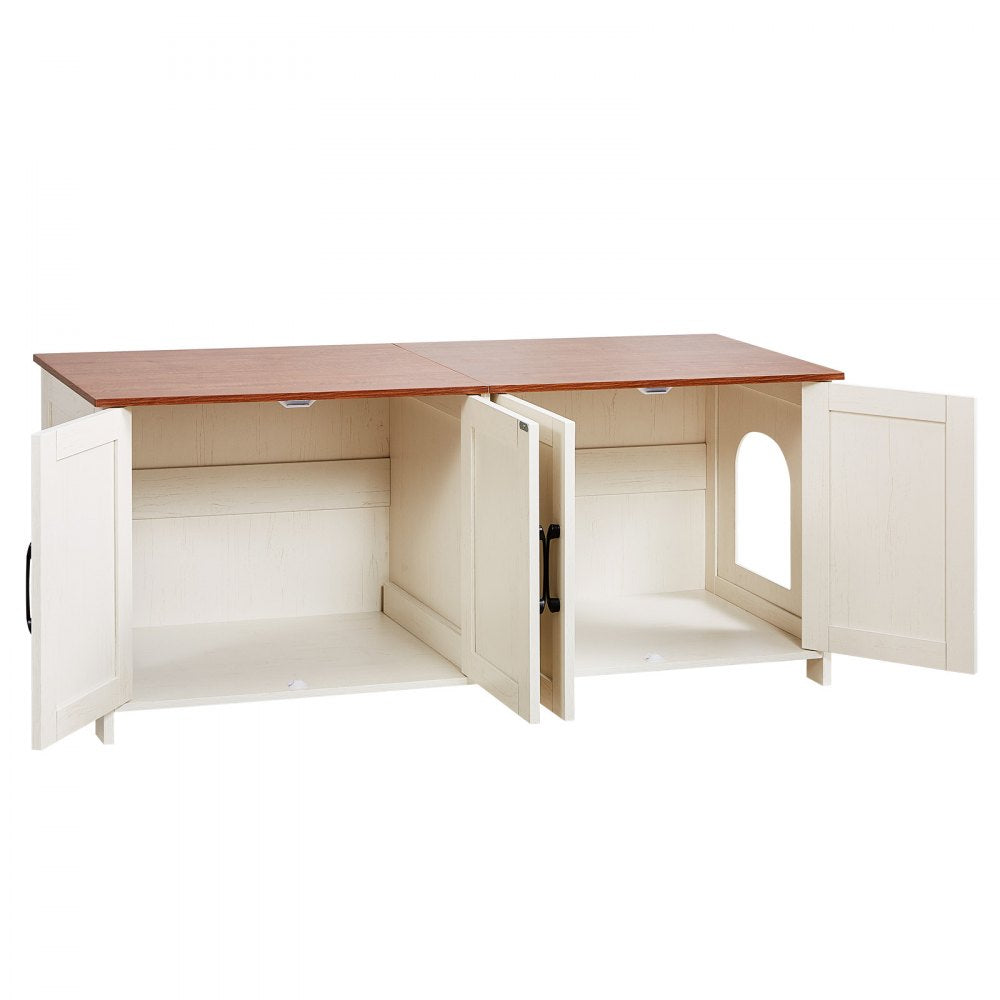 VEVOR Cat Litter Box Enclosure for Multi Cats, 47.2 in Hidden Litter Box Cabinet with 4 Doors & 2 Entries, Indoor Cat Washroom, Wooden Kitty House Furniture, Fit Most Litterboxes, Brown & White