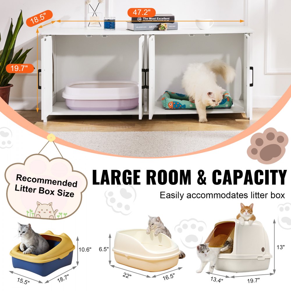 VEVOR Cat Litter Box Enclosure for 2 Cats, Litter Box Furniture Hidden with Double Rooms, Wooden Cat Box Cabinet Fit Most of Litter Box, 47.2"L x 18.5"W x 19.7"H, White