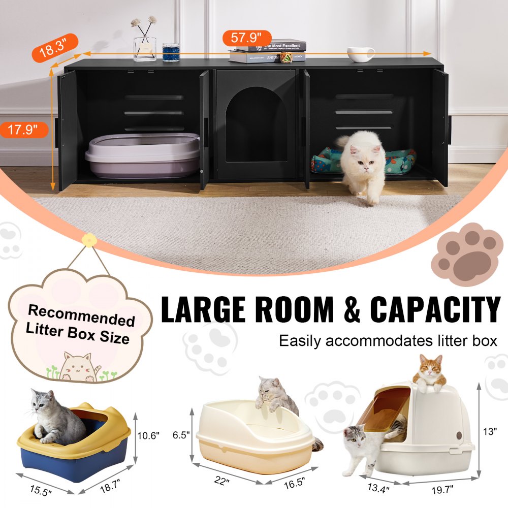 VEVOR Cat Litter Box Enclosure for 2 Cats, 57.9 in Hidden Litter Furniture, Double Room Large Cat Washroom Cabinet, Indoor Wooden Pet House TV Stand Side Table, Fit Most of Litterbox, Black