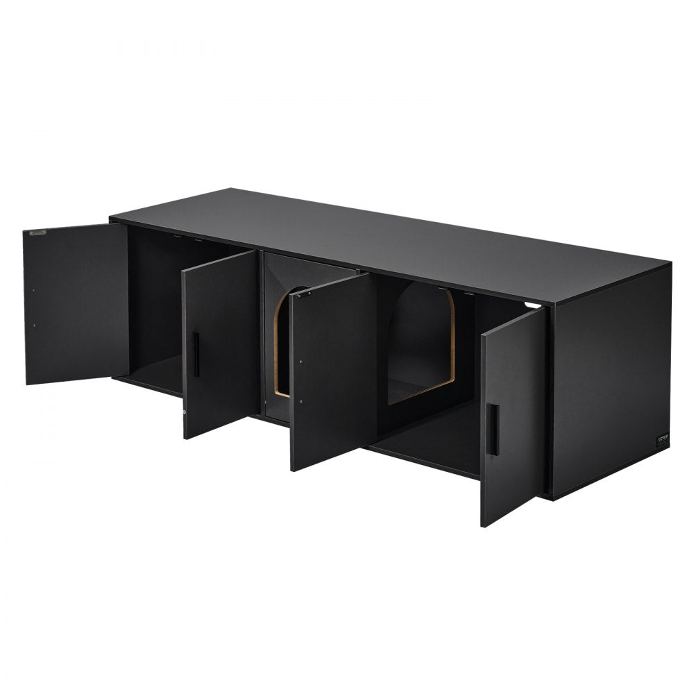 VEVOR Cat Litter Box Enclosure for 2 Cats, 57.9 in Hidden Litter Furniture, Double Room Large Cat Washroom Cabinet, Indoor Wooden Pet House TV Stand Side Table, Fit Most of Litterbox, Black