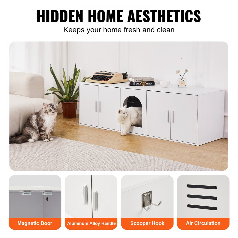 VEVOR Cat Litter Box Enclosure for 2 Cats, Litter Box Furniture Hidden with Double Rooms, Wooden Cat Box Cabinet Fit Most of Litter Box, 57.9"L x 18.3"W  x 17.9"H, White