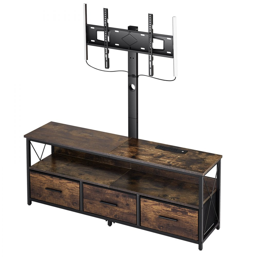 VEVOR 52" TV Stand with Mount for up to 75 in TVs, Entertainment Center with Power Outlet & LED Lights, Height Adjustable TV Console with Mount with 3 Drawers for Bedroom, Living Room, Brown