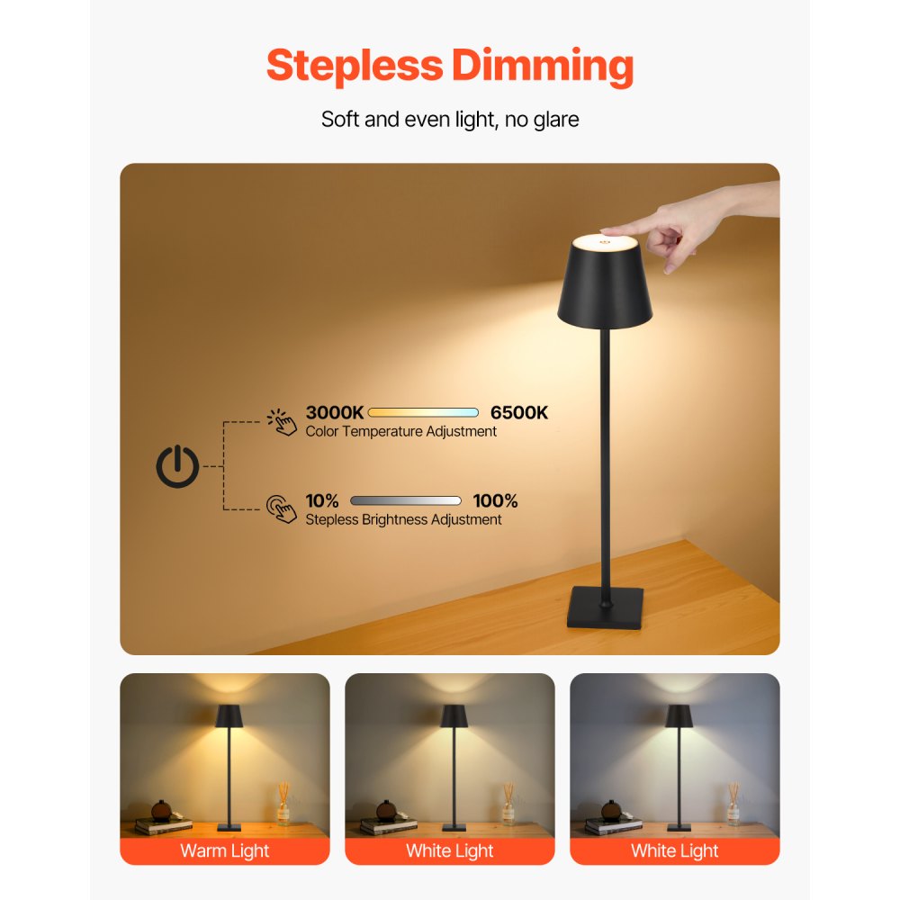 VEVOR Cordless Table Lamp, 2-Pack, 5200mAh Built-in Rechargeable Battery Desk Lamp, Stepless Dimming Up, 3 Adjustable Heights, Detachable Lampshade for Bottle, Restaurant, Bedroom, Outdoor, Black