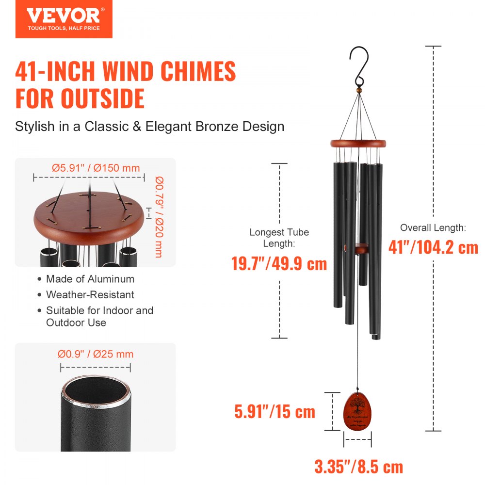 VEVOR Wind Chimes for Outside, 41 in, Deep Tone Wind Chimes with 6 Tubes, Unique Large Memorial Wind Chimes for Anniversary, Amazing Outdoor Decor for Your Patio, Porch, Garden and Backyard, Black