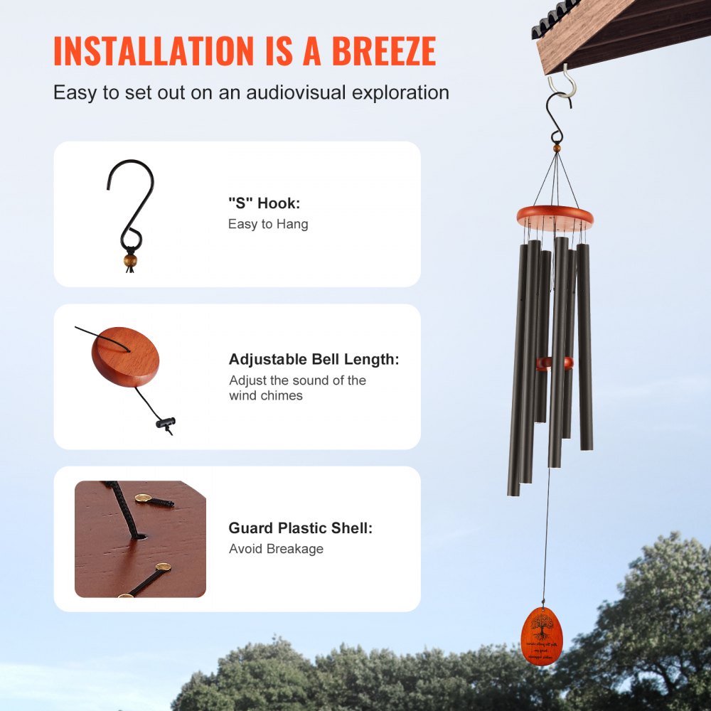 VEVOR Wind Chimes for Outside, 41 in, Deep Tone Wind Chimes with 6 Tubes, Unique Large Memorial Wind Chimes for Anniversary, Amazing Outdoor Decor for Your Patio, Porch, Garden and Backyard, Black