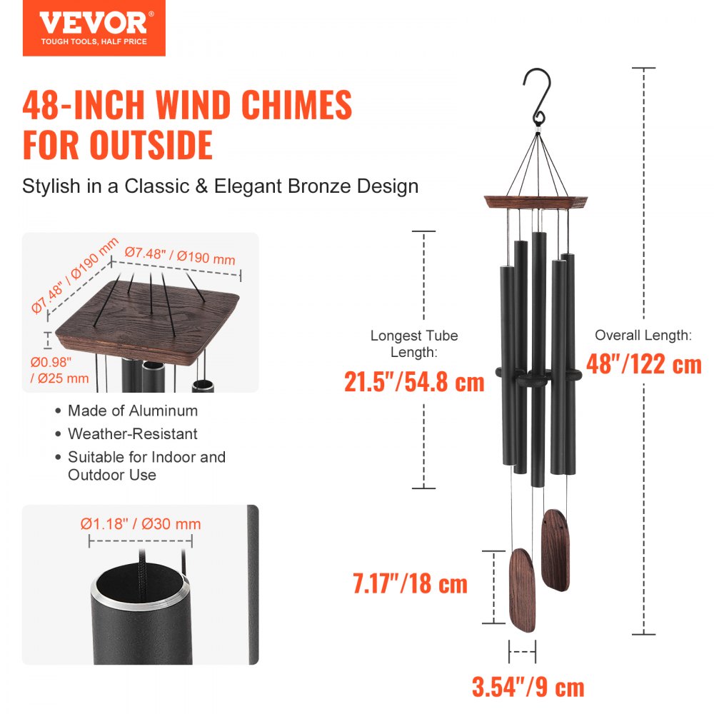 VEVOR Wind Chimes for Outside, 48 in, Deep Tone Wind Chimes with 5 Tubes, Unique Large Memorial Wind Chimes for Anniversary, Amazing Outdoor Decor for Your Patio, Porch, Garden and Backyard, Black