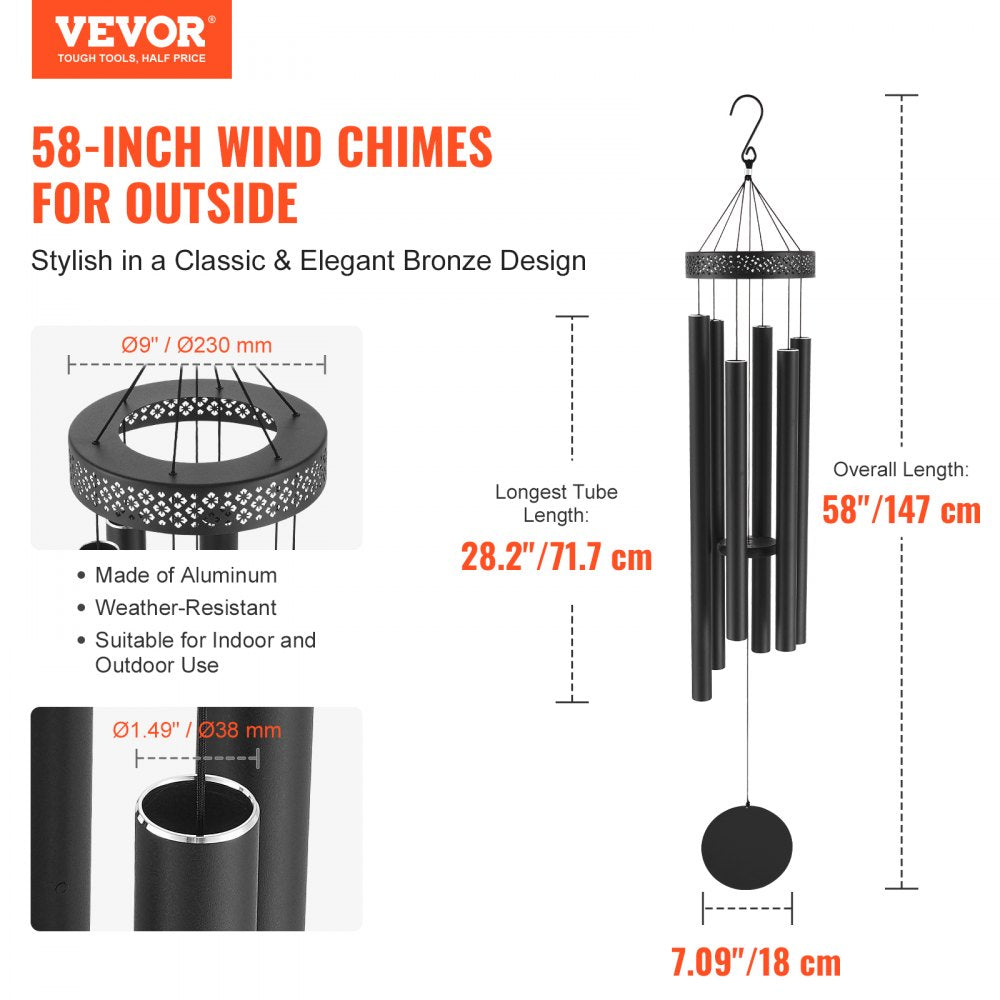 VEVOR Wind Chimes for Outside, 58 in, Deep Tone Wind Chimes with 6 Tubes, Unique Large Memorial Wind Chimes for Anniversary, Amazing Outdoor Decor for Your Patio, Porch, Garden and Backyard, Black