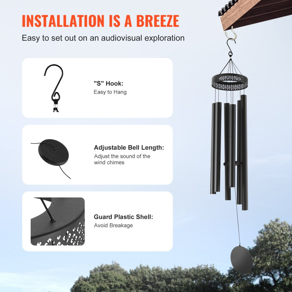 VEVOR Wind Chimes for Outside, 58 in, Deep Tone Wind Chimes with 6 Tubes, Unique Large Memorial Wind Chimes for Anniversary, Amazing Outdoor Decor for Your Patio, Porch, Garden and Backyard, Black