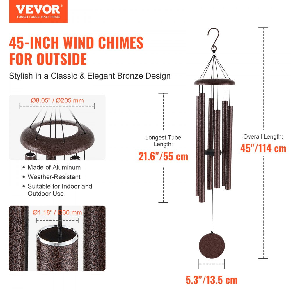 VEVOR Wind Chimes for Outside, 45 in, Deep Tone Wind Chimes with 6 Tubes, Unique Large Memorial Wind Chimes for Anniversary, Amazing Outdoor Decor for Your Patio, Porch, Garden and Backyard, Bronze