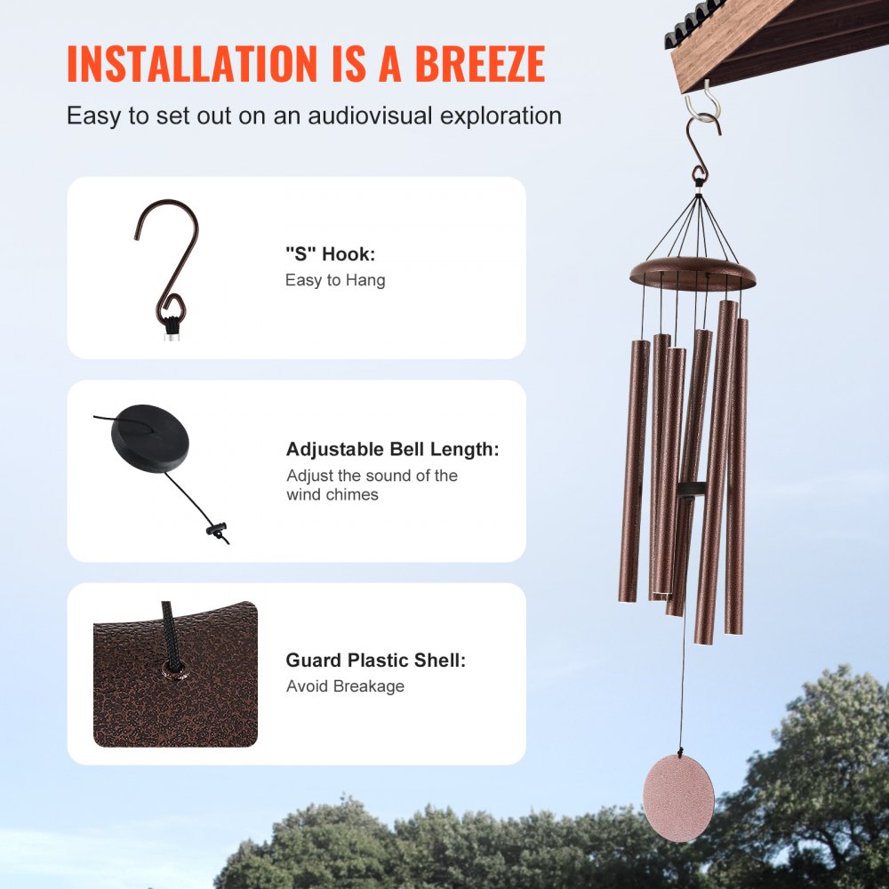 VEVOR Wind Chimes for Outside, 45 in, Deep Tone Wind Chimes with 6 Tubes, Unique Large Memorial Wind Chimes for Anniversary, Amazing Outdoor Decor for Your Patio, Porch, Garden and Backyard, Bronze