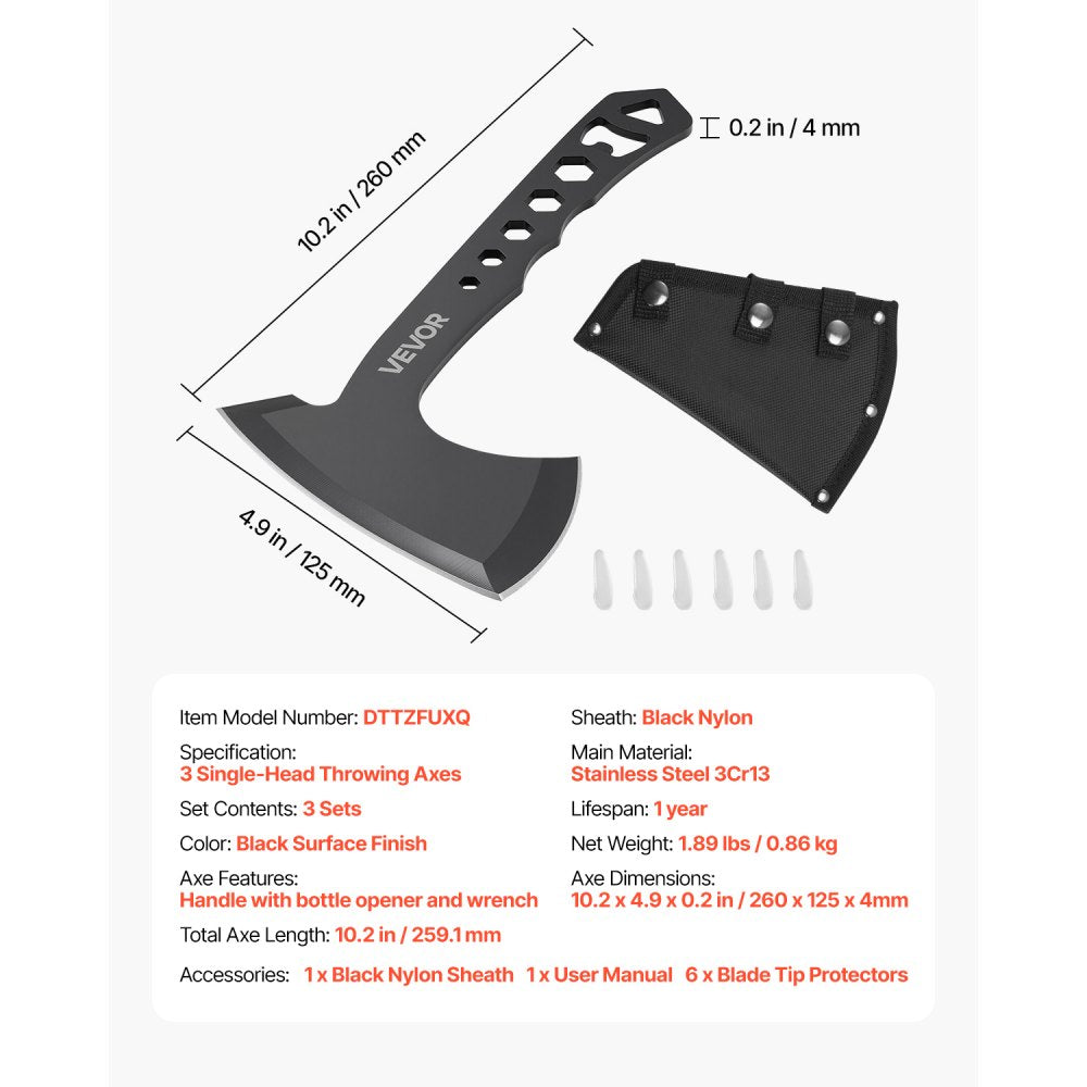 VEVOR Throwing Axes and Tomahawks, 3 Pack Axe Throwing Hatchet Set, Multi-Functional Handle with Wrench and Bottle Opener, Stainless Steel, with Black Nylon Sheath, for Recreation and Competition