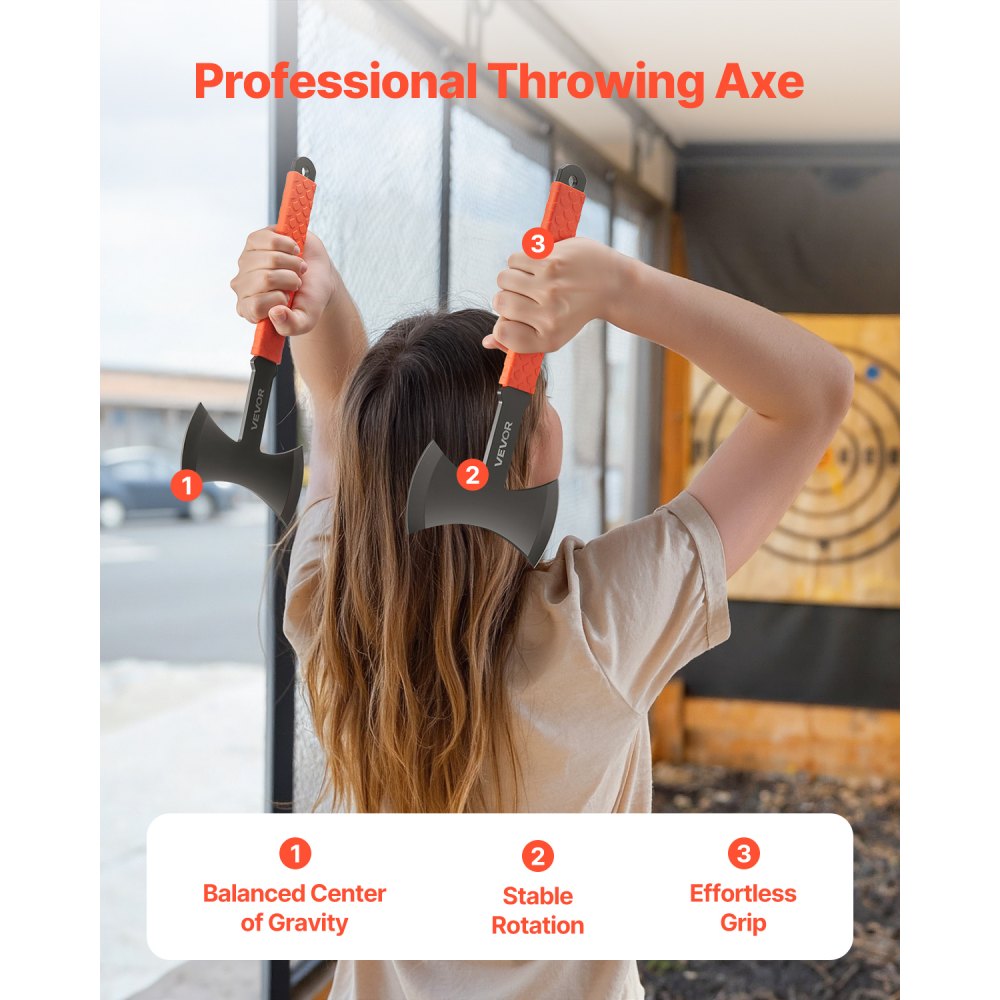 VEVOR Throwing Axes and Tomahawks, 3 Pack 11.9 inch Double Bit Axe Throwing Hatchet Set, Stainless Steel Head with Non-Slip TPR Rubber Handle, with Black Nylon Sheath, for Recreation and Competition