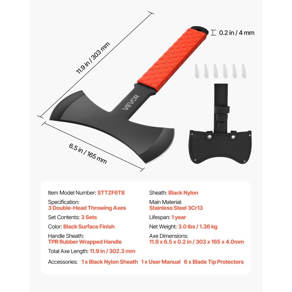 VEVOR Throwing Axes and Tomahawks, 3 Pack 11.9 inch Double Bit Axe Throwing Hatchet Set, Stainless Steel Head with Non-Slip TPR Rubber Handle, with Black Nylon Sheath, for Recreation and Competition