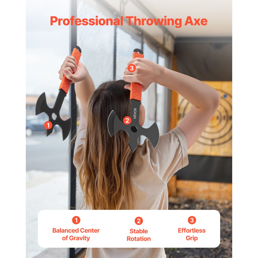 VEVOR Throwing Axes and Tomahawks, 3 Pack 13.4 inch Triple Edge Axe Throwing Hatchet Set, Stainless Steel Head with Non-Slip TPR Rubber Handle, with Black Nylon Sheath, for Recreation and Competition