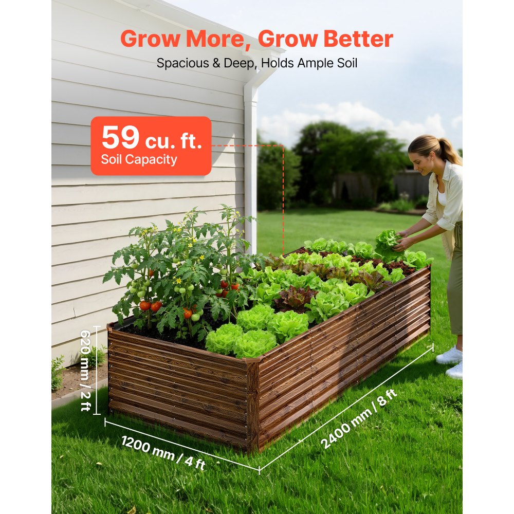 VEVOR Galvanized Raised Garden Bed, 8 x 4 x 2 ft, Rectangular Metal Planter Box Kit Outdoor, Bottomless Elevated Planting Box with Gloves, Alu-Zinc, for Growing Flowers Vegetables, Deep Wood Grain