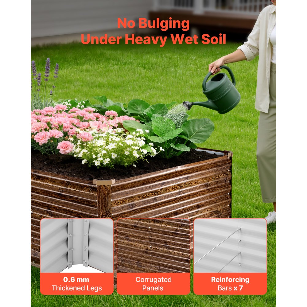 VEVOR Galvanized Raised Garden Bed, 8 x 4 x 2 ft, Rectangular Metal Planter Box Kit Outdoor, Bottomless Elevated Planting Box with Gloves, Alu-Zinc, for Growing Flowers Vegetables, Deep Wood Grain