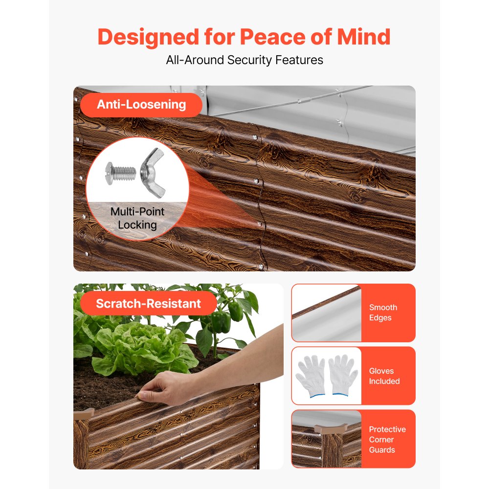 VEVOR Galvanized Raised Garden Bed, 8 x 4 x 2 ft, Rectangular Metal Planter Box Kit Outdoor, Bottomless Elevated Planting Box with Gloves, Alu-Zinc, for Growing Flowers Vegetables, Deep Wood Grain