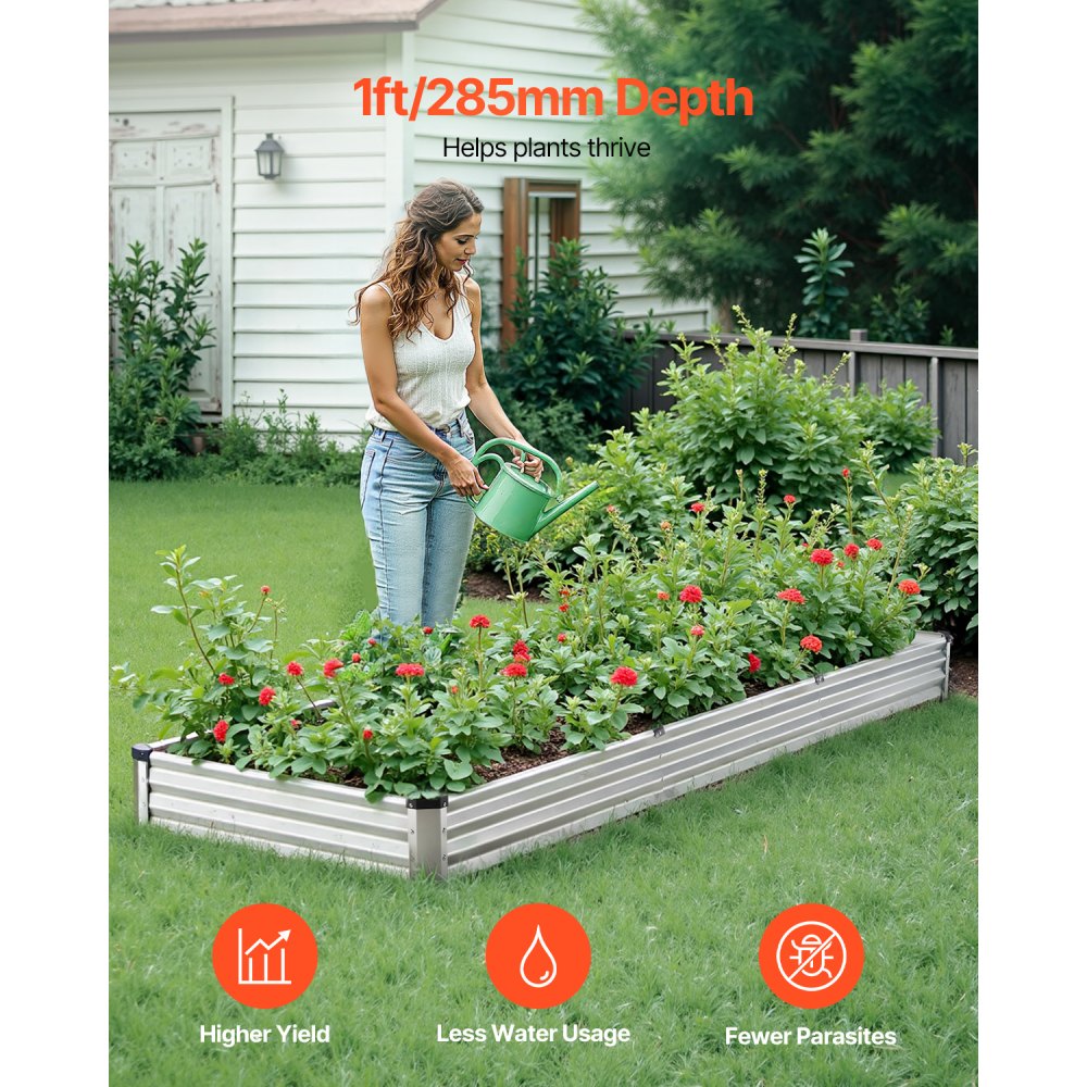 VEVOR Metal Raised Garden Bed, 12 x 4 x 1 ft Outdoor Galvanized Planter Box, with Open Bottom, Large Planter Raised Bed for Gardening Vegetables, Flowers, Herbs, and Succulent Plants, Silver