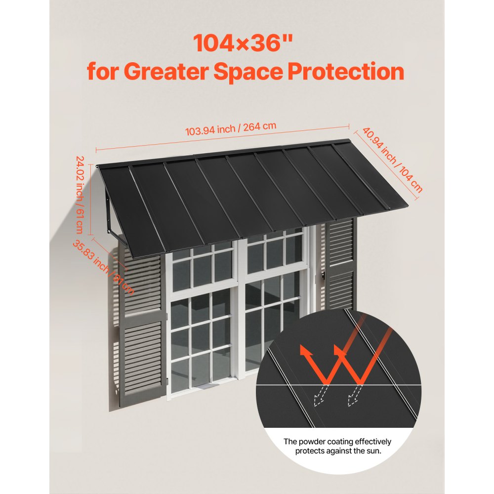 VEVOR Fixed Metal Awning 104 x 36 in, Window Awning Door Canopy, Stable Triangle Steel Frame Awnings for Doors Exterior Rain, Snow & Sunlight Protection for Door Entrance, Windows, Porches, Balconies