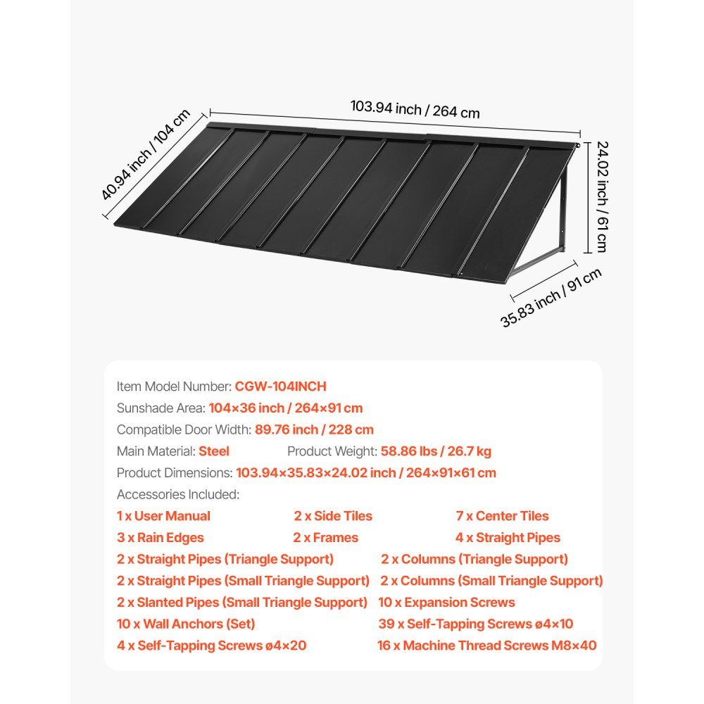VEVOR Fixed Metal Awning 104 x 36 in, Window Awning Door Canopy, Stable Triangle Steel Frame Awnings for Doors Exterior Rain, Snow & Sunlight Protection for Door Entrance, Windows, Porches, Balconies