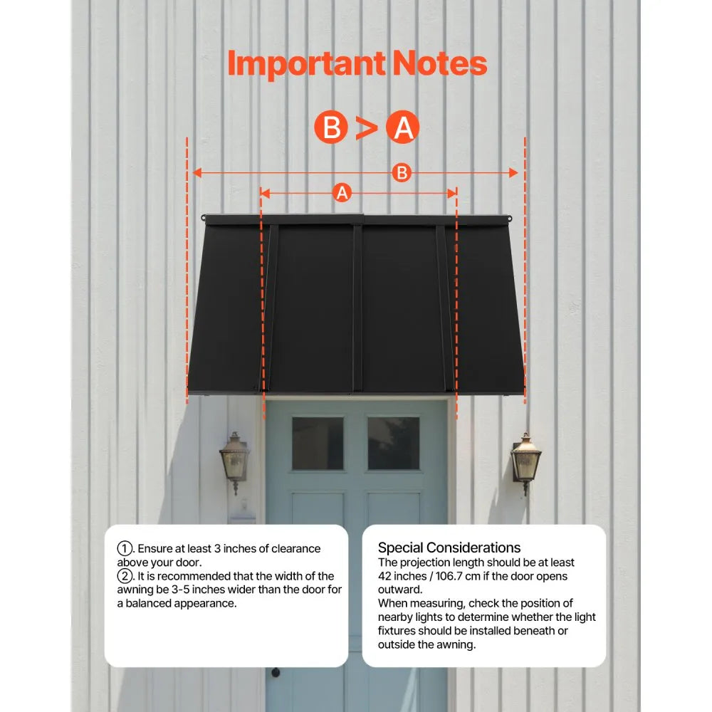 VEVOR Fixed Metal Awning 44 x 24 in, Window Awning Door Canopy, Stable Triangle Steel Frame Awnings for Doors Exterior Rain, and Snow Sunlight Protection for Door Entrance, Windows, Porches, Balconies