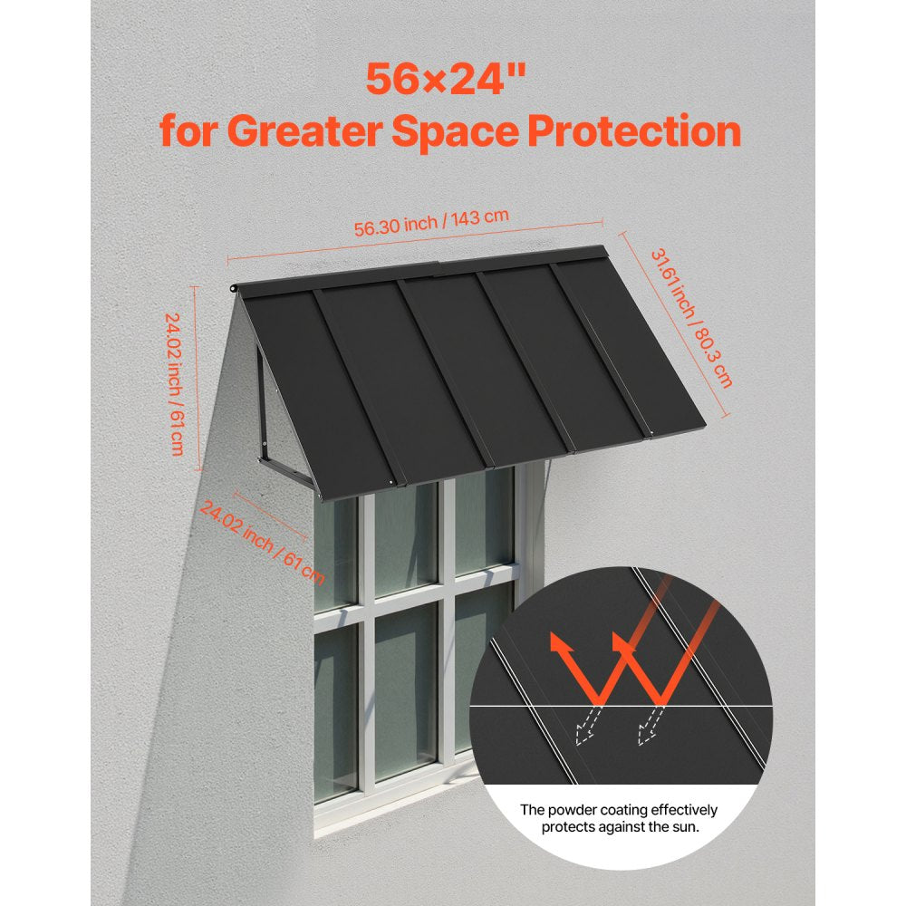 VEVOR Fixed Metal Awning 56 x 24 in, Window Awning Door Canopy, Stable Triangle Steel Frame Awnings for Doors Exterior Rain, and Snow Sunlight Protection for Door Entrance, Windows, Porches, Balconies