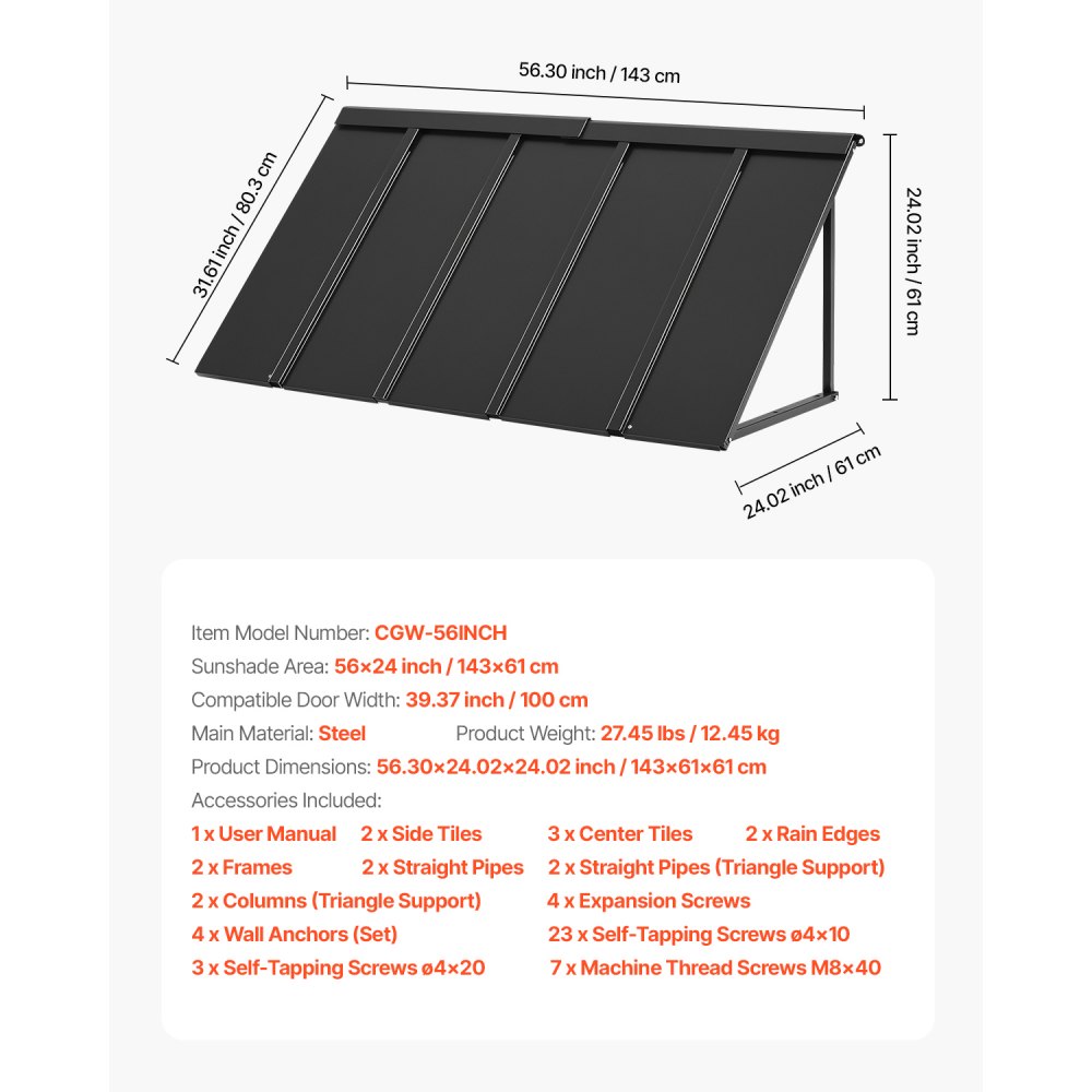 VEVOR Fixed Metal Awning 56 x 24 in, Window Awning Door Canopy, Stable Triangle Steel Frame Awnings for Doors Exterior Rain, and Snow Sunlight Protection for Door Entrance, Windows, Porches, Balconies