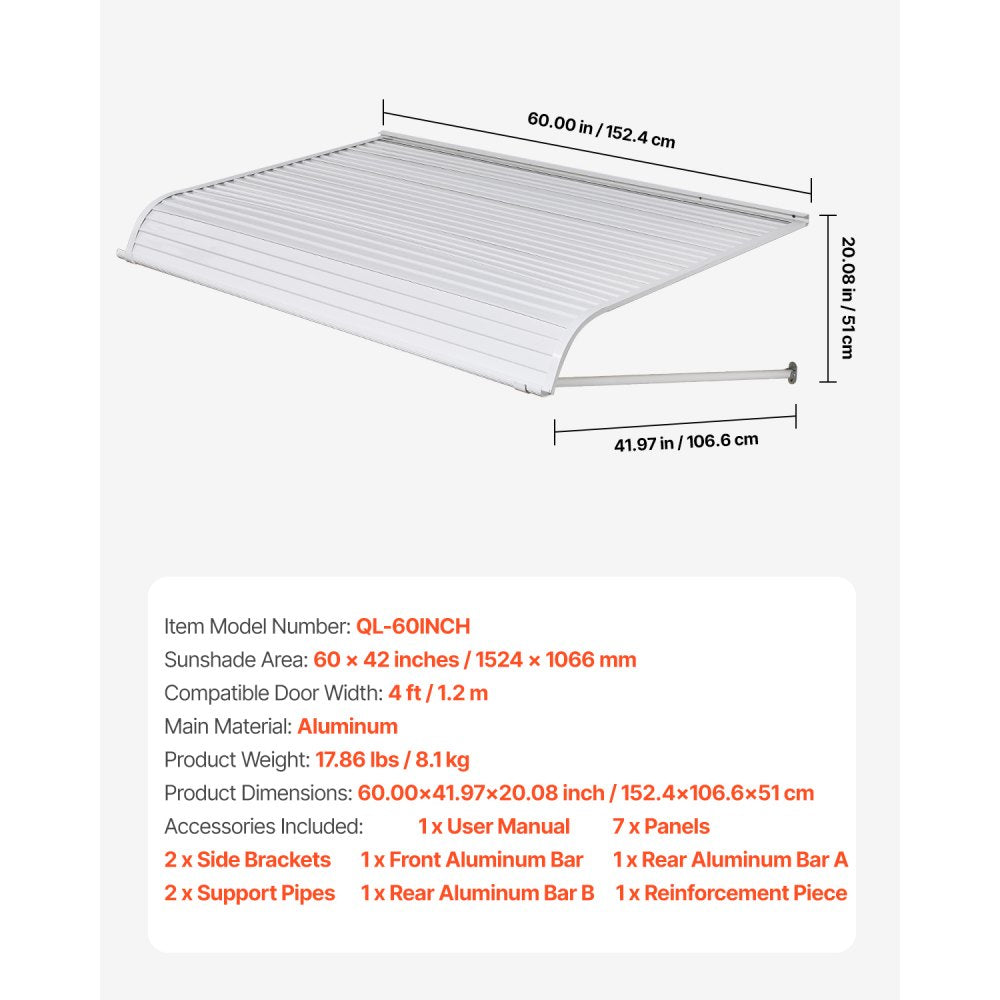 VEVOR Aluminum Awning 60 x 42 in, Durable Window Awning Door Canopy, Lightweight and Stable Aluminum Awnings for Doors Exterior Rain Snow Sunlight Protection for Door Entrance Windows Patio Porch