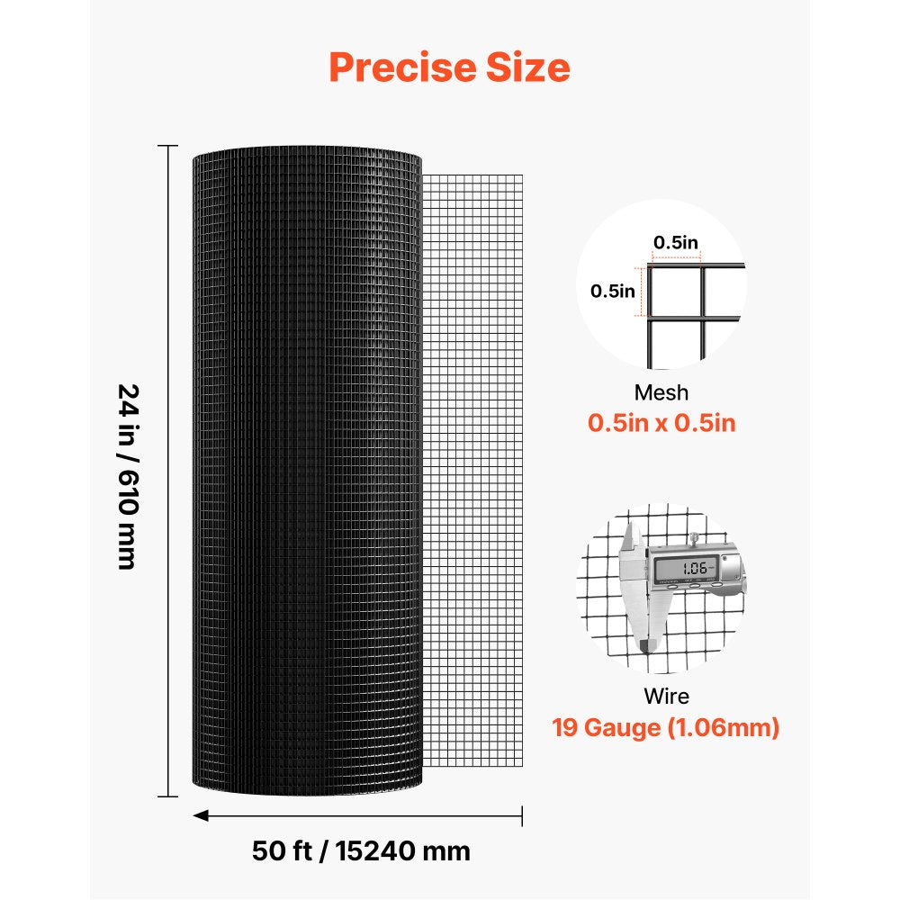 VEVOR Hardware Cloth 24 in x 50 ft, 1/2 in 19 Gauge Galvanized Wire Mesh Roll, Weather-Resistant Vinyl Coated Chicken Wire Fencing, Heavy Duty Welded Garden Plant Fencing for Rabbit Cage Snake Fence