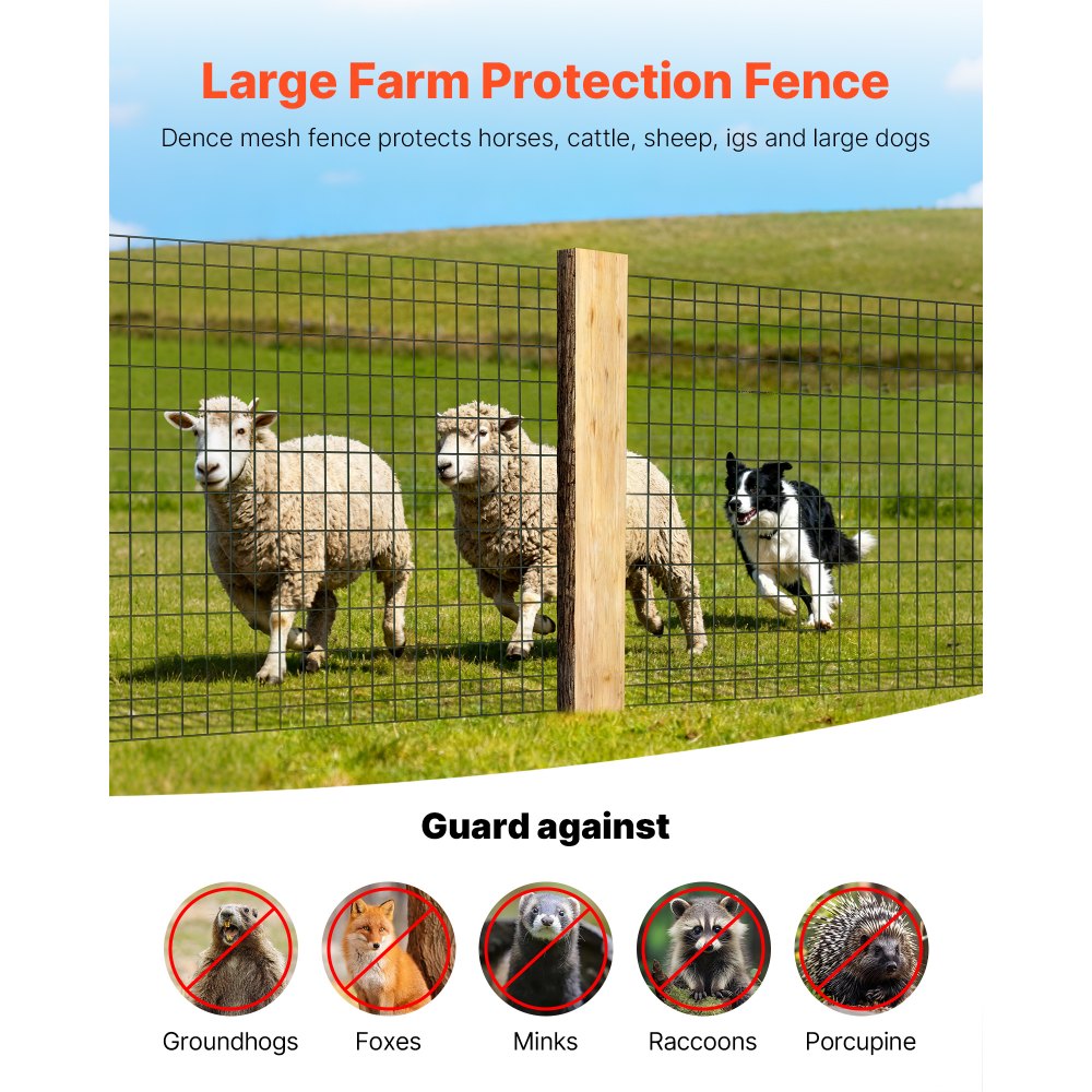 VEVOR Farm Fence,  48 in x 50 ft, 2 x 4 in Mesh 14 Gauge Galvanized Steel Wire Fencing for Cattle, Hog & Sheep , Heavy Duty Vinyl Coated Livestock Fence for Animal Enclosures, Cage Wire, Garden Fences