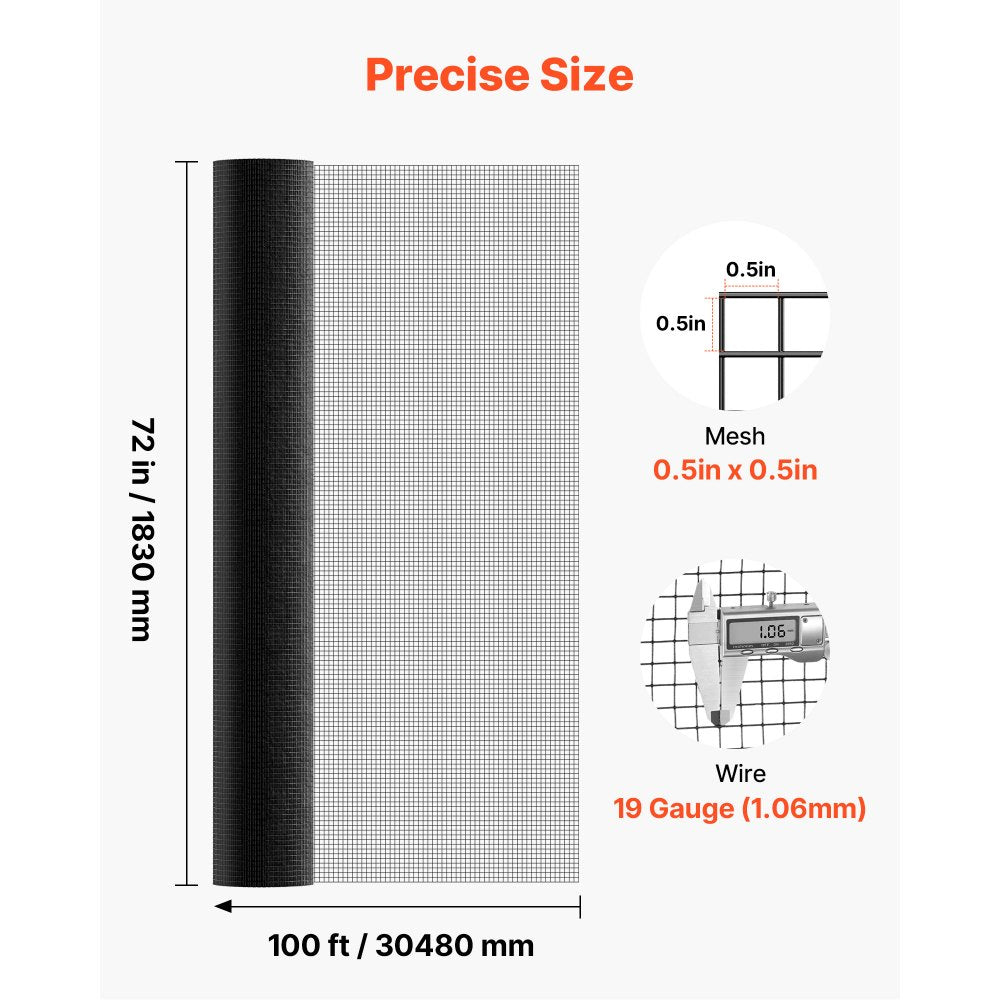 VEVOR Hardware Cloth 72 in x 100 ft, 1/2 in 19 Gauge Galvanized Wire Mesh Roll, Weather-Resistant Vinyl Coated Chicken Wire Fencing, Heavy Duty Welded Garden Plant Fencing for Rabbit Cage Snake Fence